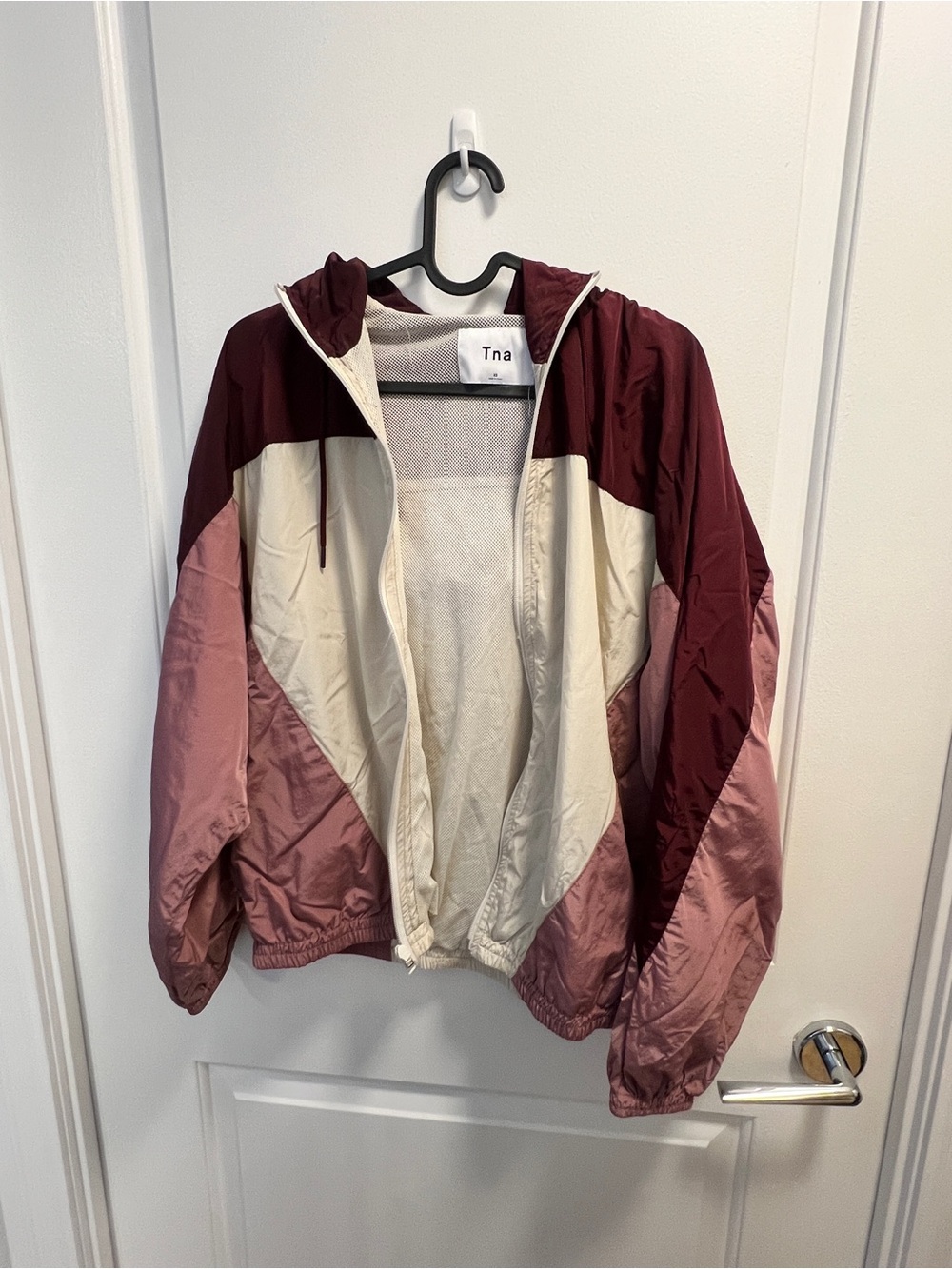 TNA Mesh-Lined Windbreaker Jacket in Burgundy, Blush & Cream